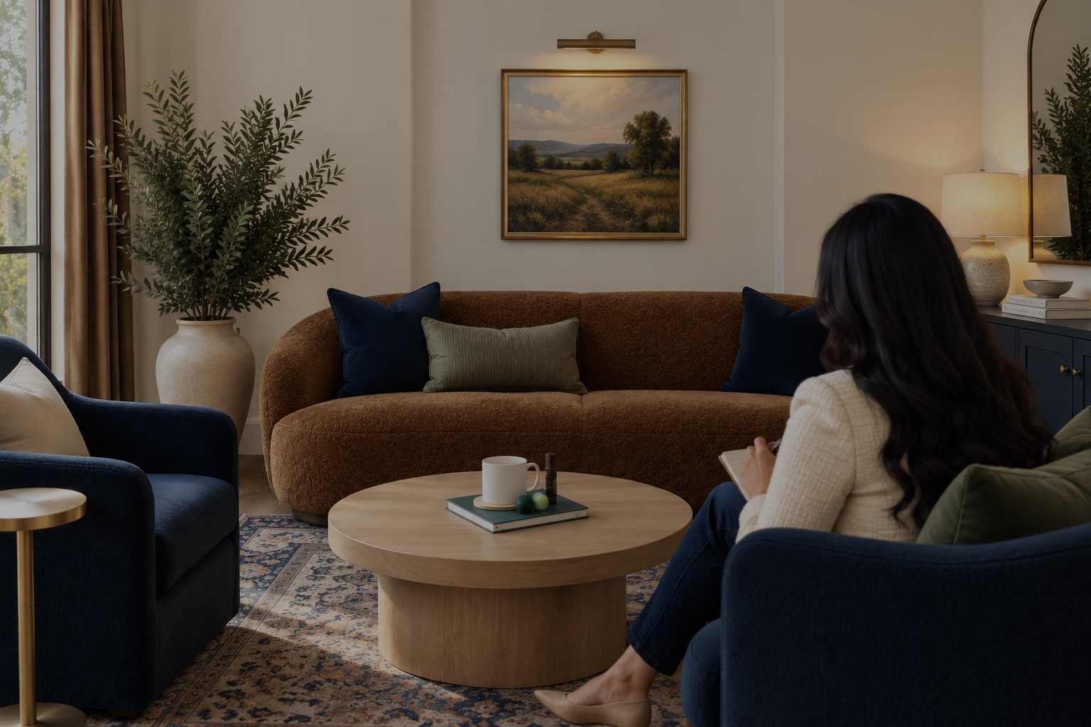 A therapist taking notes in a softly lit therapy room with a curved sofa and navy armchairs